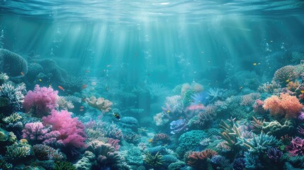 Obraz premium A vibrant coral reef teeming with life, bathed in the ethereal glow of sunlight filtering through the water.