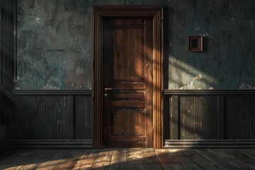 Mysterious vintage wooden door in a dimly lit room with dramatic sunlight casting shadows