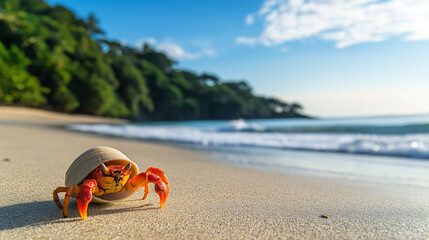 Obraz premium The crab, with its bright orange claws and a striped shell, is positioned in the foreground, facing the viewer. The background reveals a serene beach with gentle waves lapping at the shore