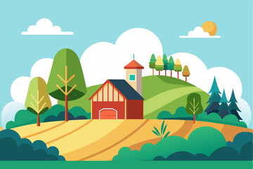 Fototapeta premium A Red Barn in a Rural Landscape with Trees and Rolling Hills