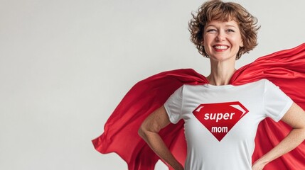 Happy mature woman grandma with red cape, wind blowing on her white t-shirt with inscription super mom standing on white background with space. Senior female educator of children and grandchildren.