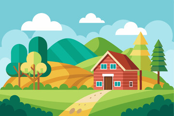 Fototapeta premium A Red Barn on a Green Hill with a Winding Path and Trees