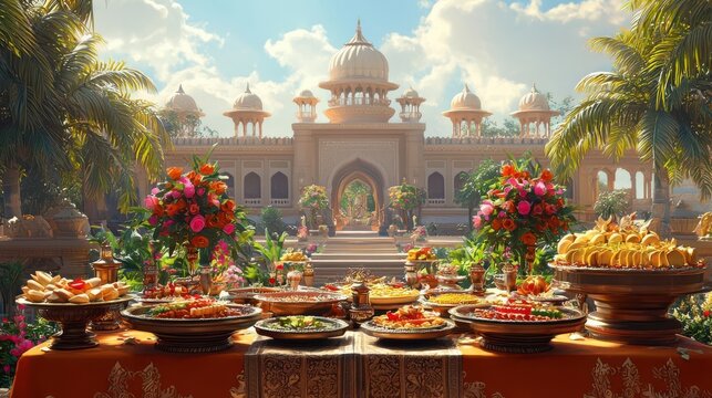 A luxurious garden banquet set for a Mughal wedding