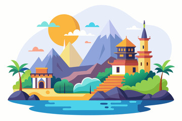 Mountainous Landscape with Pagoda, Temple, and Palm Trees by a Lake