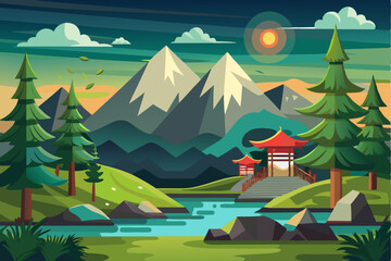 Naklejka premium Mountainous Landscape with a Red Pagoda and Winding River