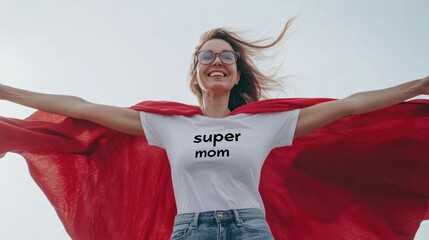 Young woman in superheros costume standing proudly over white background. Super powers. Red cape.
