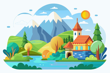 Fototapeta premium A picturesque house nestled in a valley with mountains and a river