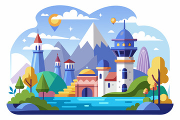 A Picturesque Fantasy Town with Blue Towers and Mountains