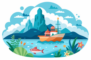 A boat with a white cabin sails past a rocky island in a blue sea with a fish swimming in the water