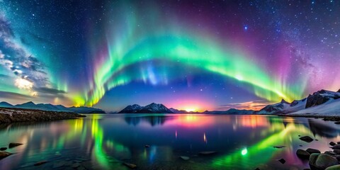 Northern Lights Reflecting on a Tranquil Lake, Aurora Borealis, Night Sky, Landscape Photography, Arctic