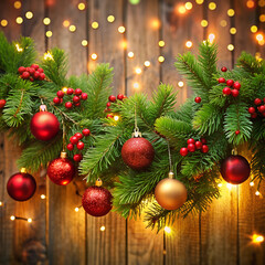 Christmas Garland with Red and Gold Ornaments on Wooden Background