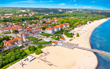 Sunny landscape of the resort town of Sopot and Molo - pier on the Baltic Sea. Poland