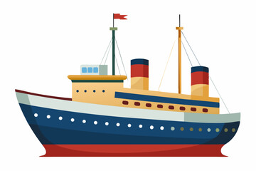 Cartoon illustration of a ship with red and blue detailing