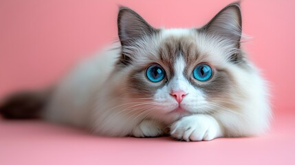 A cat with soft and slender wool on a pastel background.