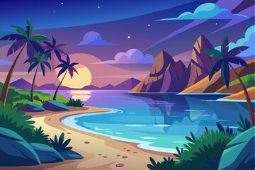 Sunset Over a Tropical Beach with Palm Trees and Mountains