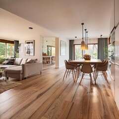 an open living room and dining room with wood floors