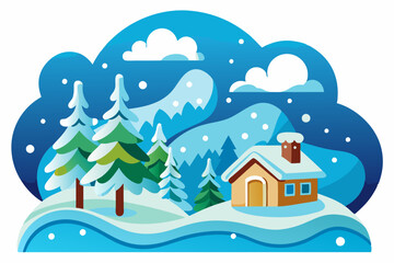 Winter Landscape with a Cabin, Snowy Trees, and Falling Snow