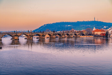 Naklejka premium View of the city of Prague castle in hradcany and the Vltava river with Charles bridge in Prague, Czech Republic.