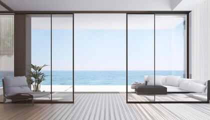 Architecture of white double space living room ,minimal style with laminate floor. Interior design with high glass panel system on sea view background. 3d rendering.t
