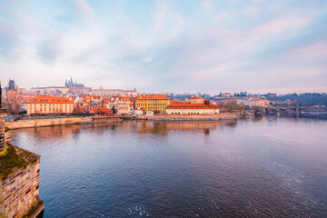 Fototapeta premium Prague castle from Old Town Bridge Tower on Charles bridge in Prague, Czech Republic.