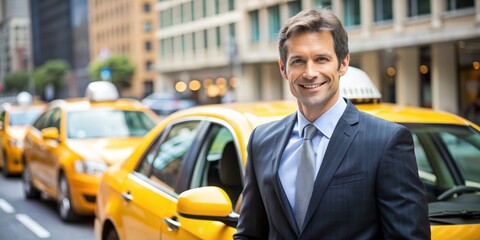 Smiling Businessman in Suit Standing Next to Yellow Taxi in City, New York , cab , transportation ,...