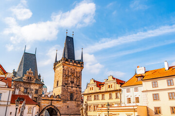 View of the city of Prague and the Vltava river from St Nicholas Church at Mala Strana (Kostel sv. Mikulase) in Prague, Czech Republic.