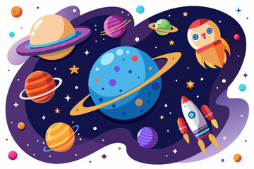 Colorful Planets, Stars, and Rockets in Space