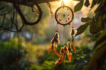 Handcrafted dreamcatcher hanging in the enchanting sunlit forest with golden hour sunlight, mystical atmosphere, and traditional native american cultural heritage