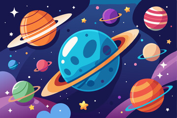 Colorful Planets and Stars in a Dark Space Background