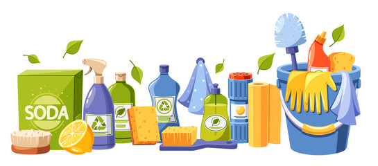 Cartoon Vector Eco-friendly Green Cleaning Products And Supplies, Including Bottles With Recycling Symbols, Sponges