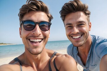 Obraz premium Portrait of young people taking selfies against the background of a summer beach and the sea.
