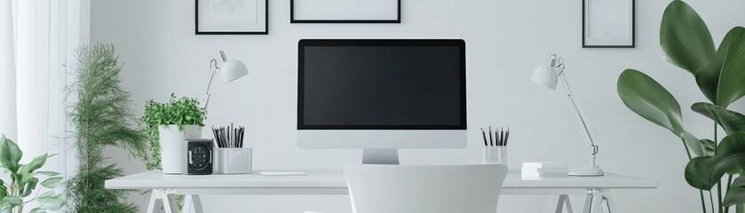 Modern minimalist home office with a computer on a white desk, plants, and framed artwork. Clean and bright workspace setup.