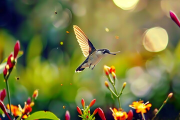 Fototapeta premium Blackbellied Thorntail Discosura langsdorffi hovering near flowers in the Amazon rainforest also called Beijaflordebarrigapreta