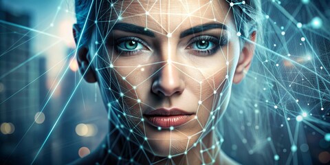 The Digital Gaze A Woman's Face Intertwined with a Glowing Network of Lines, Artificial Intelligence, Facial Recognition, Futuristic, Technology