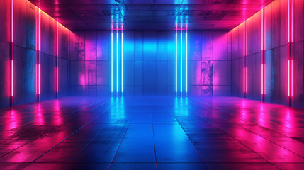 Futuristic neon-lit corridor with vibrant pink and blue lights. Copy space. Generative AI	
