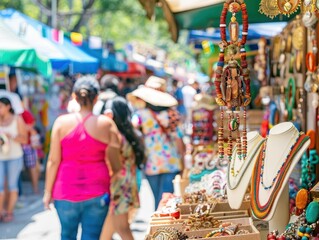 Vibrant market scene showcasing colorful jewelry and lively shoppers exploring local crafts under sunny skies.