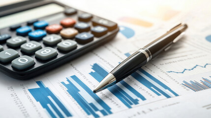Calculator and Pen on Financial Papers with Charts and Graphs, Economic Data Review