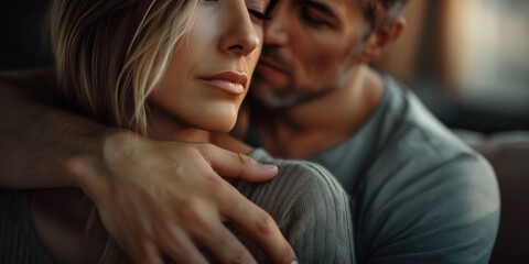 A man puts his hand on a woman's shoulder, husband supports and cares for his wife. 
