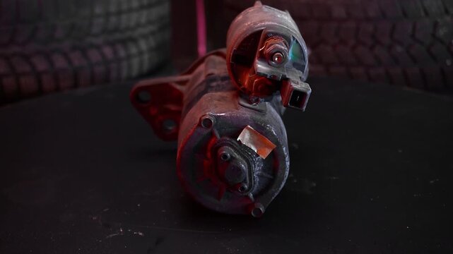 old black starter for starting the engine in the car dismantled for remote control