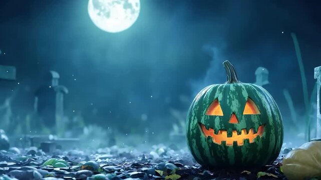 Glowing jack-o'-lantern watermelon in a misty graveyard under a full moon, creating a spooky Halloween atmosphere