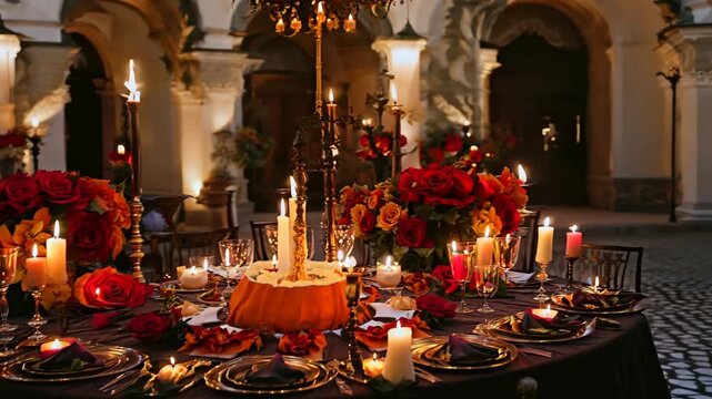 Elegant Halloween dinner table with candles, red roses, and carved pumpkins creating a dark, luxurious atmosphere - Powered by Adobe