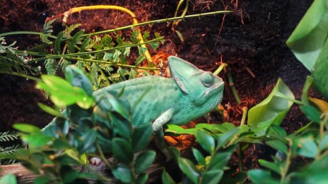 A green chameloen is perched on a branch in a cage that resembles a colorful rainforest.