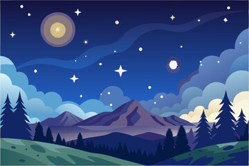 Nighttime Mountain Landscape with Stars and Clouds