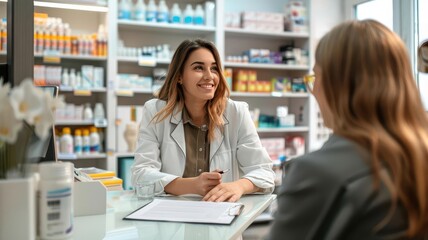 A friendly pharmacist consults with a customer about medications in a bright and welcoming pharmacy setting.