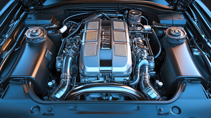 Top Down View of Engine Compartment in a Car with Hood Open