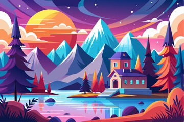 Obraz premium A Mountaintop Cottage by a Still Lake at Sunset