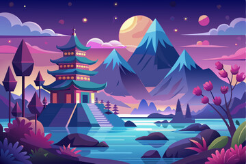 Fototapeta premium Serene Pagoda by a Lake at Twilight