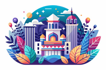 Colorful Cityscape with Geometric Buildings and Lush Foliage