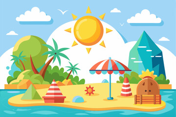 Obraz premium Summer Beach Island with Palm Trees and Sun