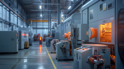 A row of industrial machinery sits inside a factory. The machinery appears to be in operation, with some of the lights on. The floor is clean and the overall scene is well-lit - Generative AI